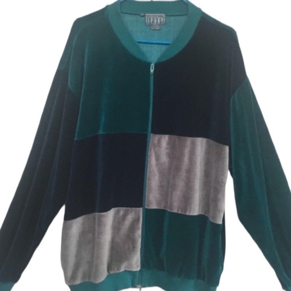 Vintage Sansabelt Sport Sweatshirt Velour Velvet ColorBlock Full Zip 90s Large